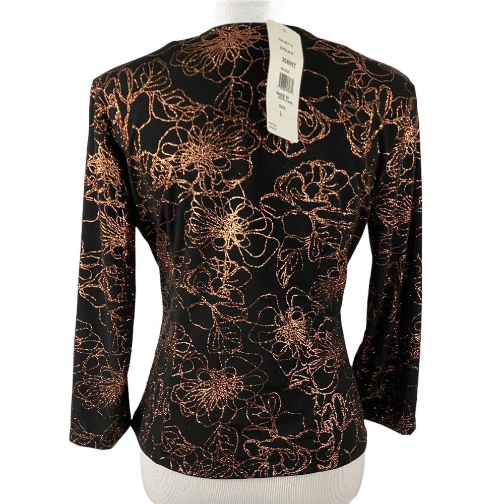 MSK Black Rose Gold Glitter Floral Wrap Top L - Picture 2 of 13